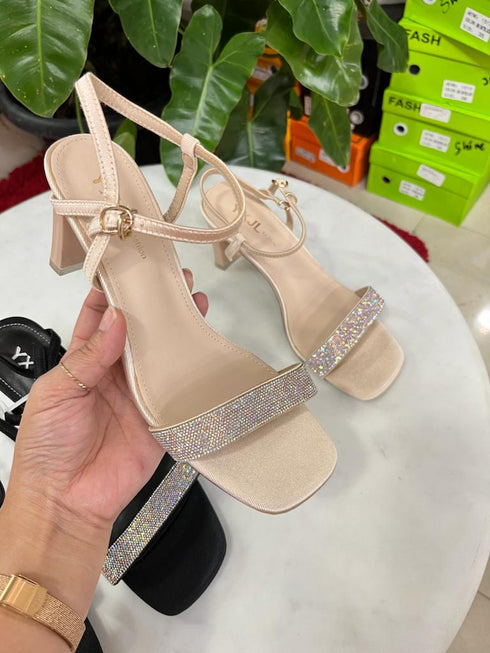 Rhinestone Embedded Buckle Straps Heels